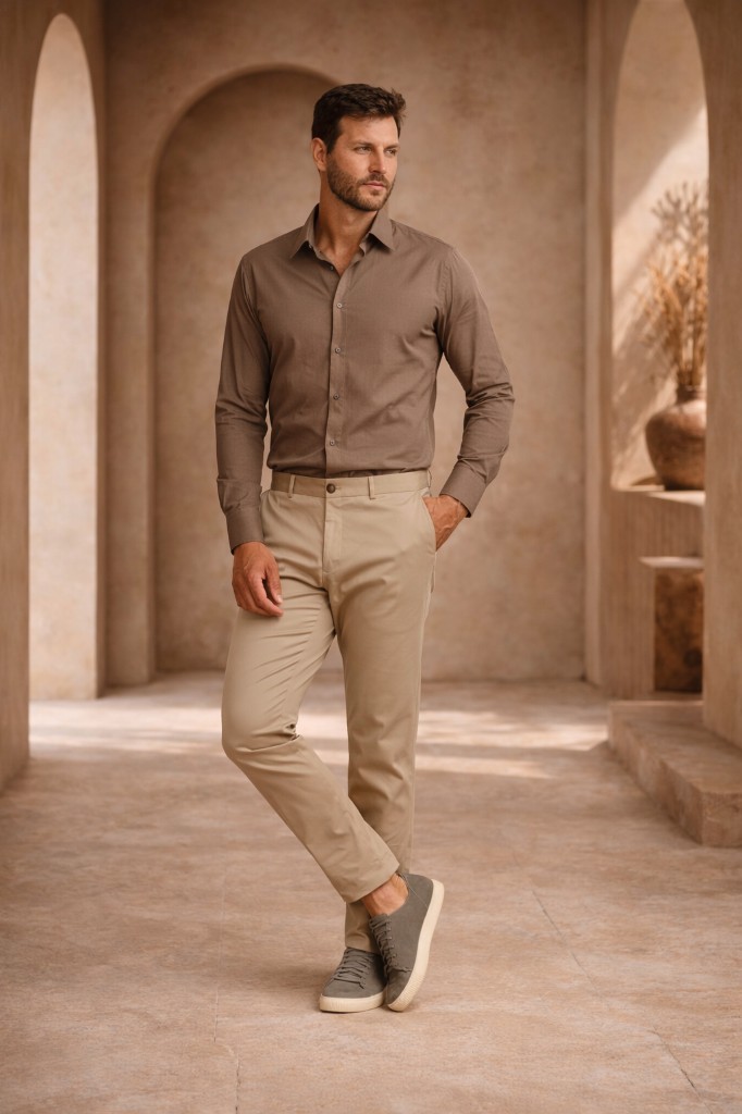 Homem usando camisa marrom e calça bege, look sofisticado, fundo de arcos claros